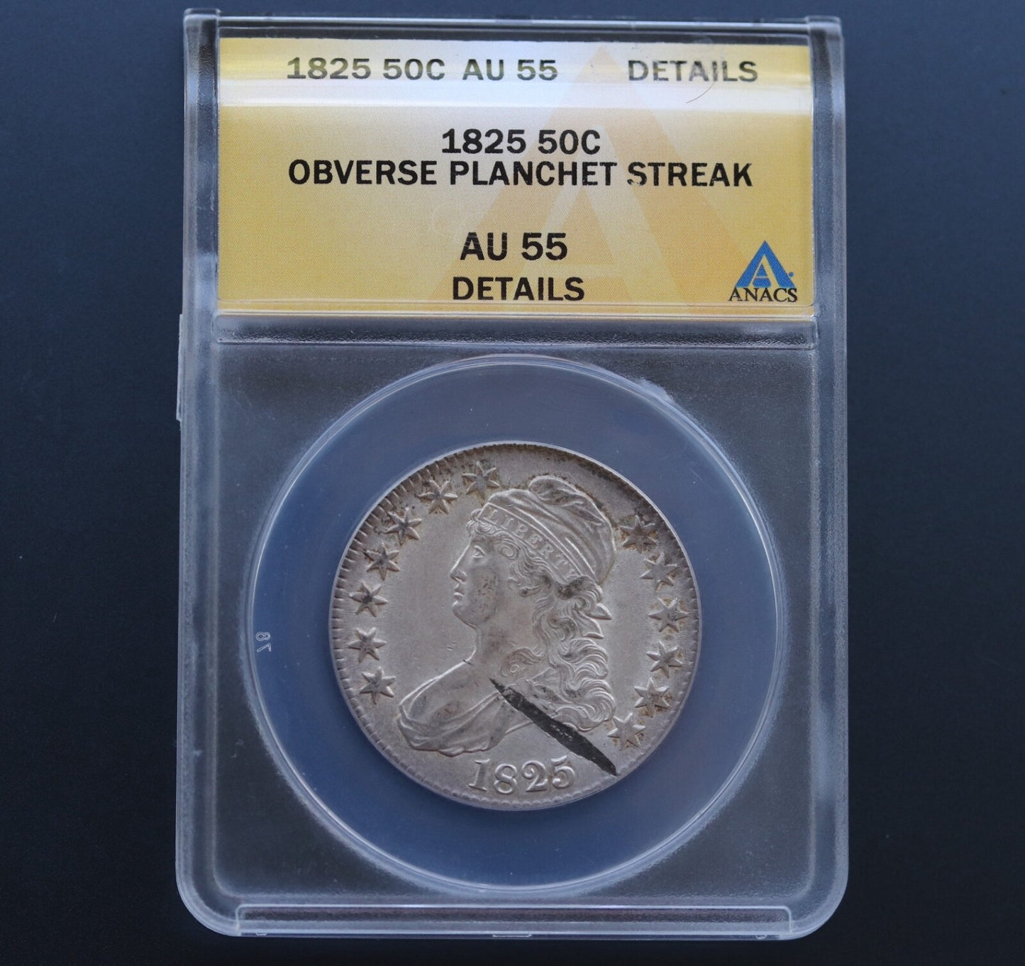 1825 Capped Bust Half Dollar Planchet Streak AU55 Details ANACS O-111 R2 50C