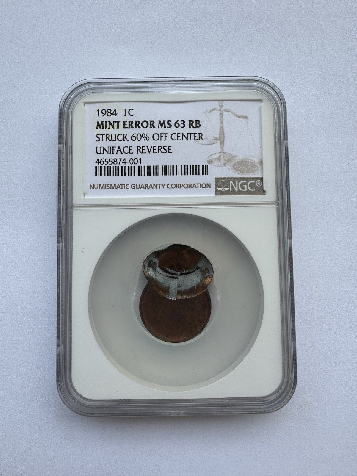 1984 Lincoln Cent – Mint Error: 60% Off-Center Uniface Reverse – NGC MS63