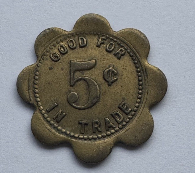 Solberg’s Café Houston MN 5¢ Flower-Shaped Vintage Trade Token Brass Coin