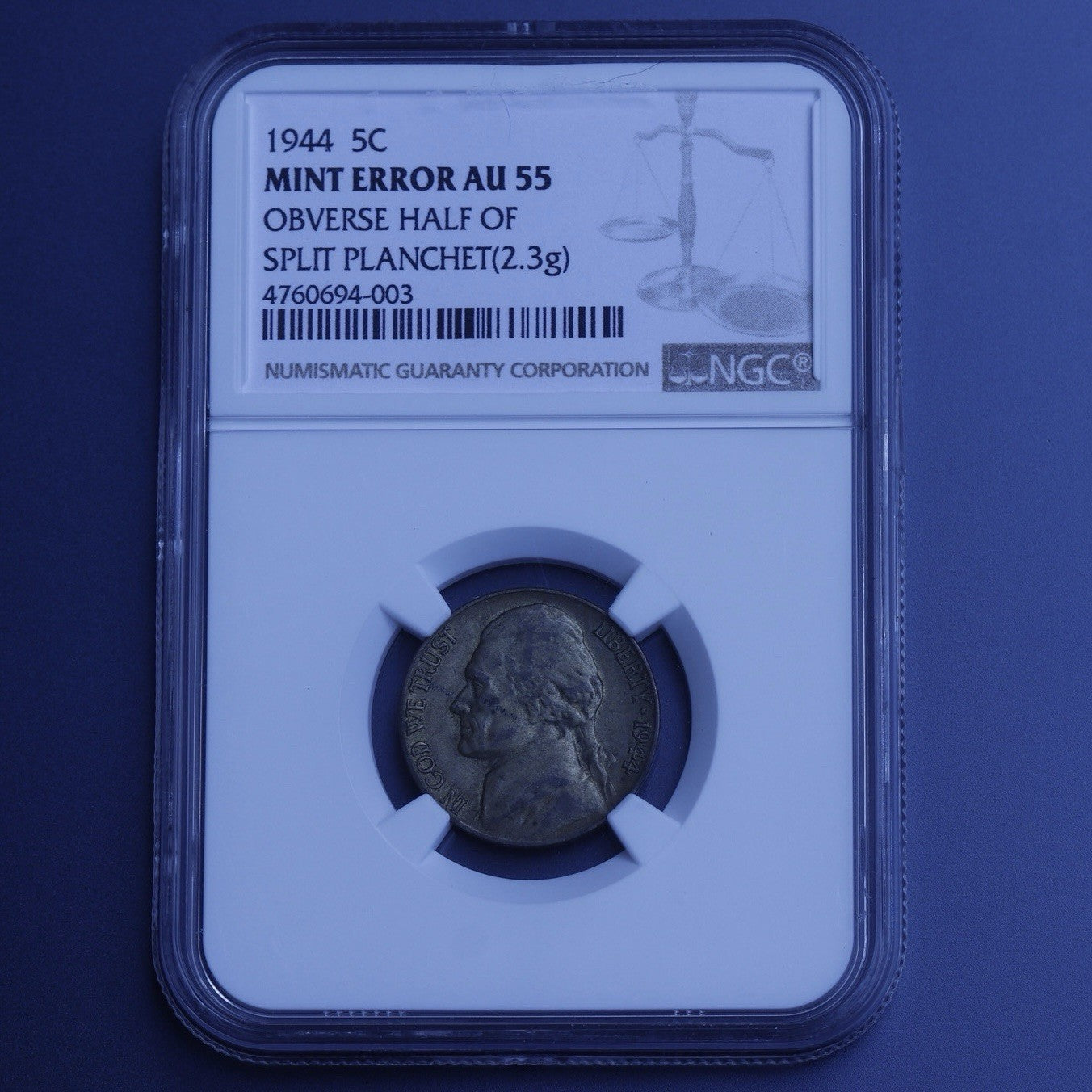 1944 Jefferson Nickel AU55 NGC • Dramatic Mint Error • Struck on Split Planchet