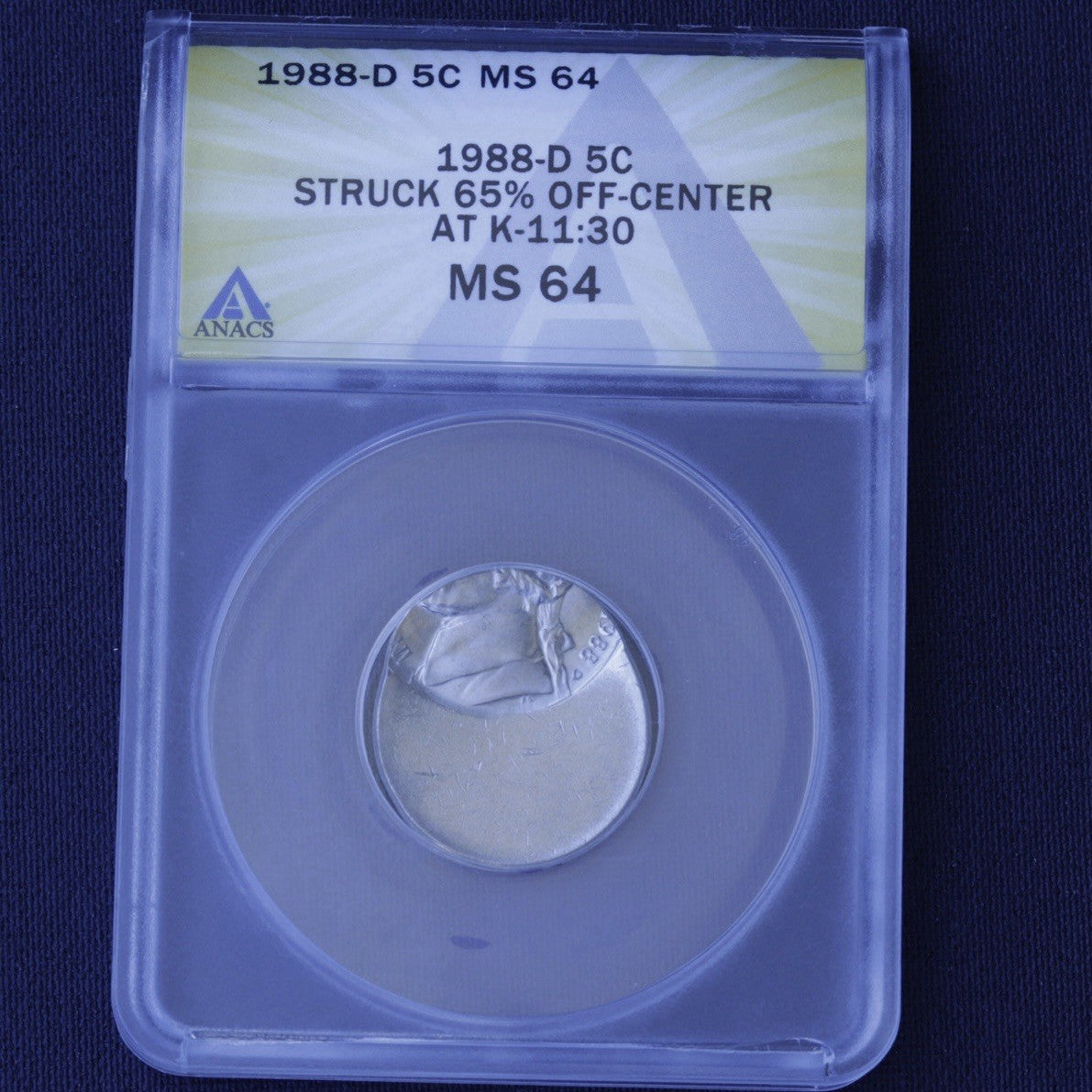 1988-D Jefferson Nickel • 65% Off-Center Error • ANACS MS64 • Struck at 11:30