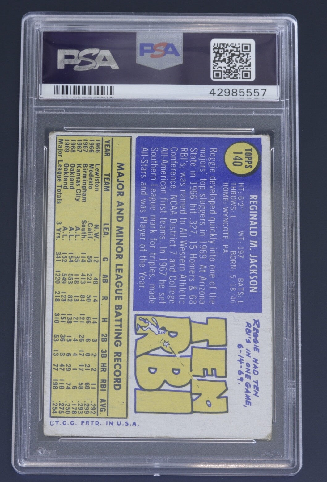 Signed 1970 Topps Reggie Jackson #140 PSA Authentic PSA/DNA Auto 10 A’s HOF 93