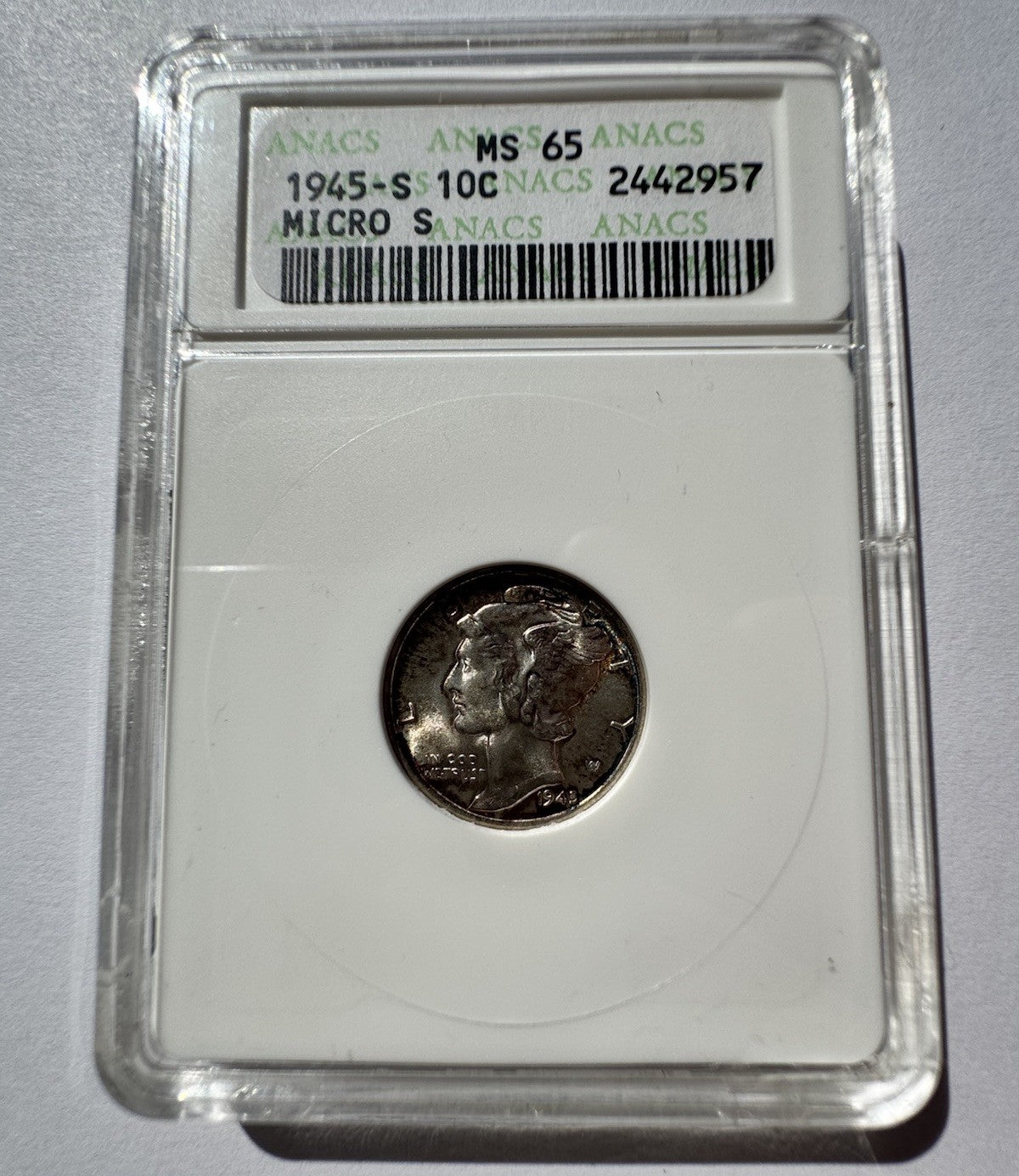 1945‑S Micro S Mercury Dime MS65 ANACS Soapbox Lustrous Toning Key Date