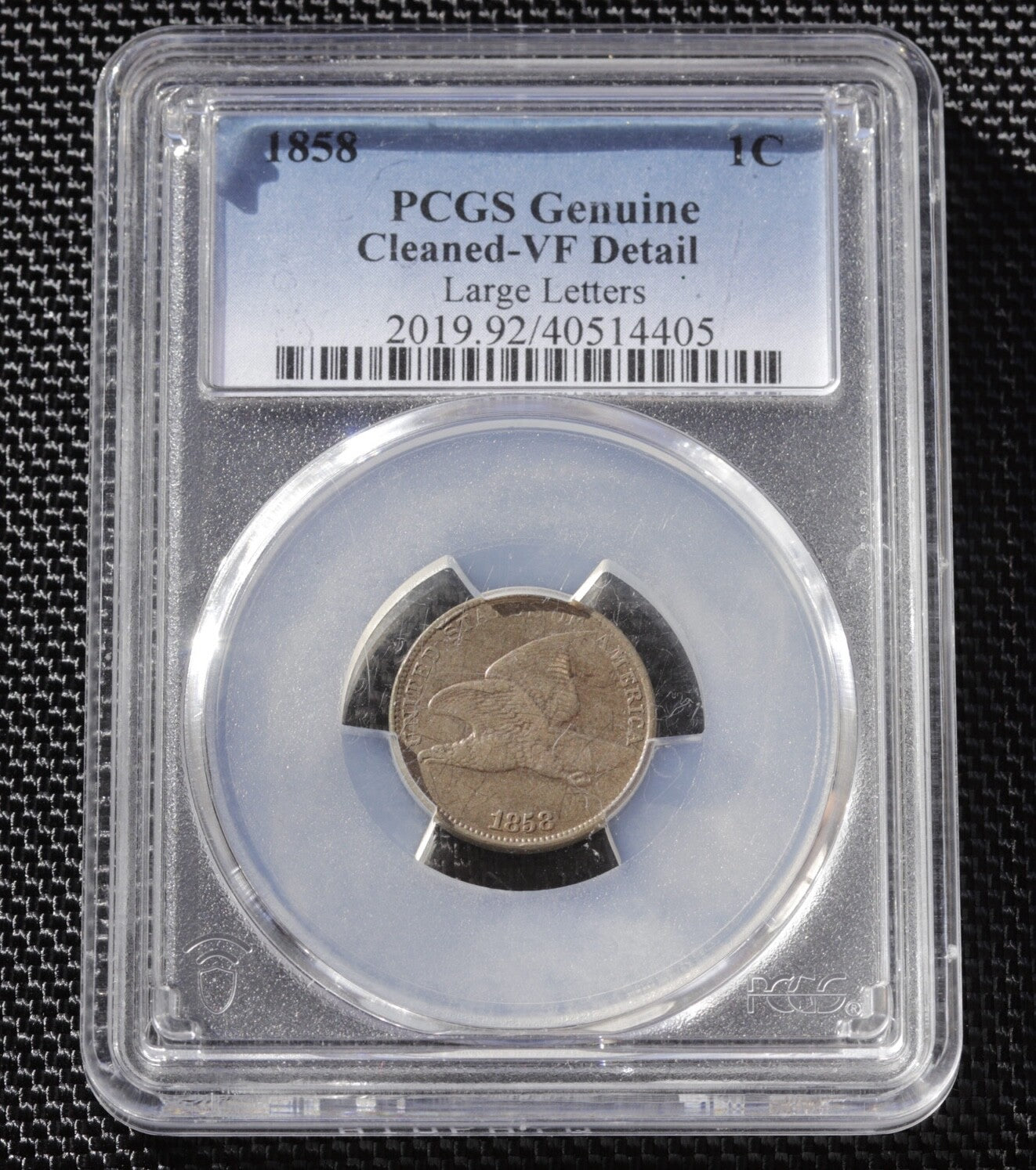 1858 Flying Eagle Cent PCGS Genuine VF Detail Cleaned Large Letters US Coin