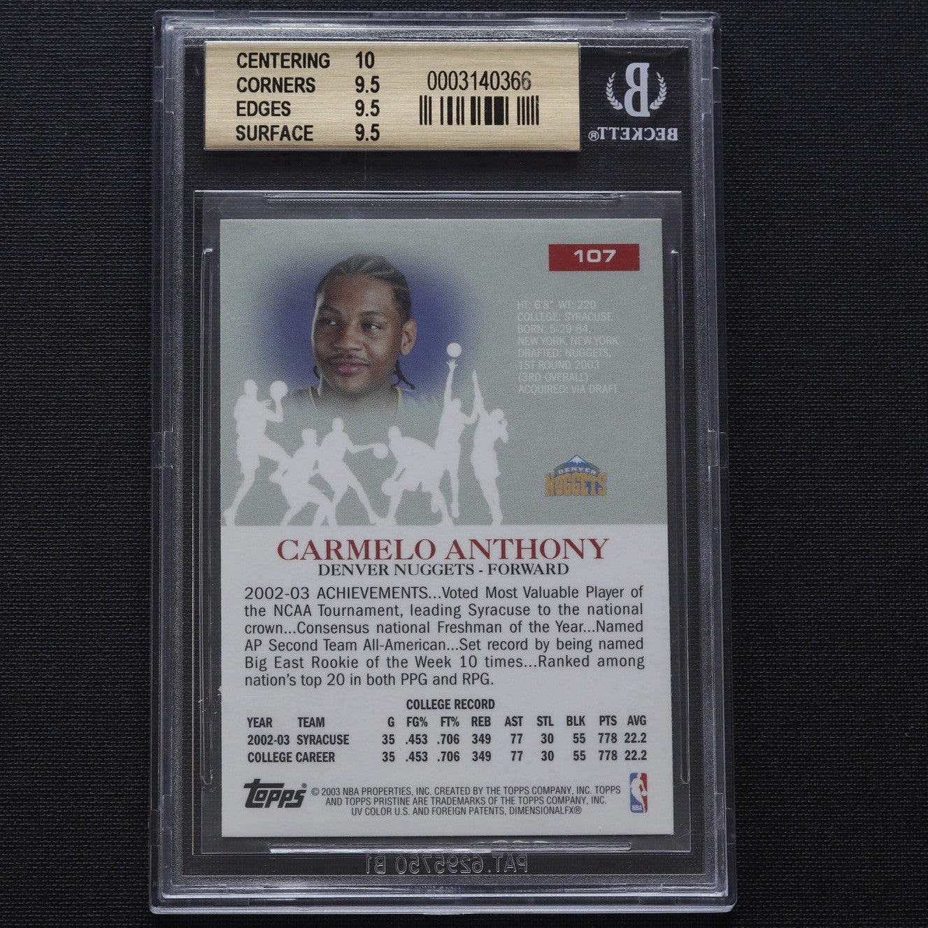 2003-04 Topps Pristine Carmelo Anthony Rookie #107 BGS 9.5 Gem Mint
