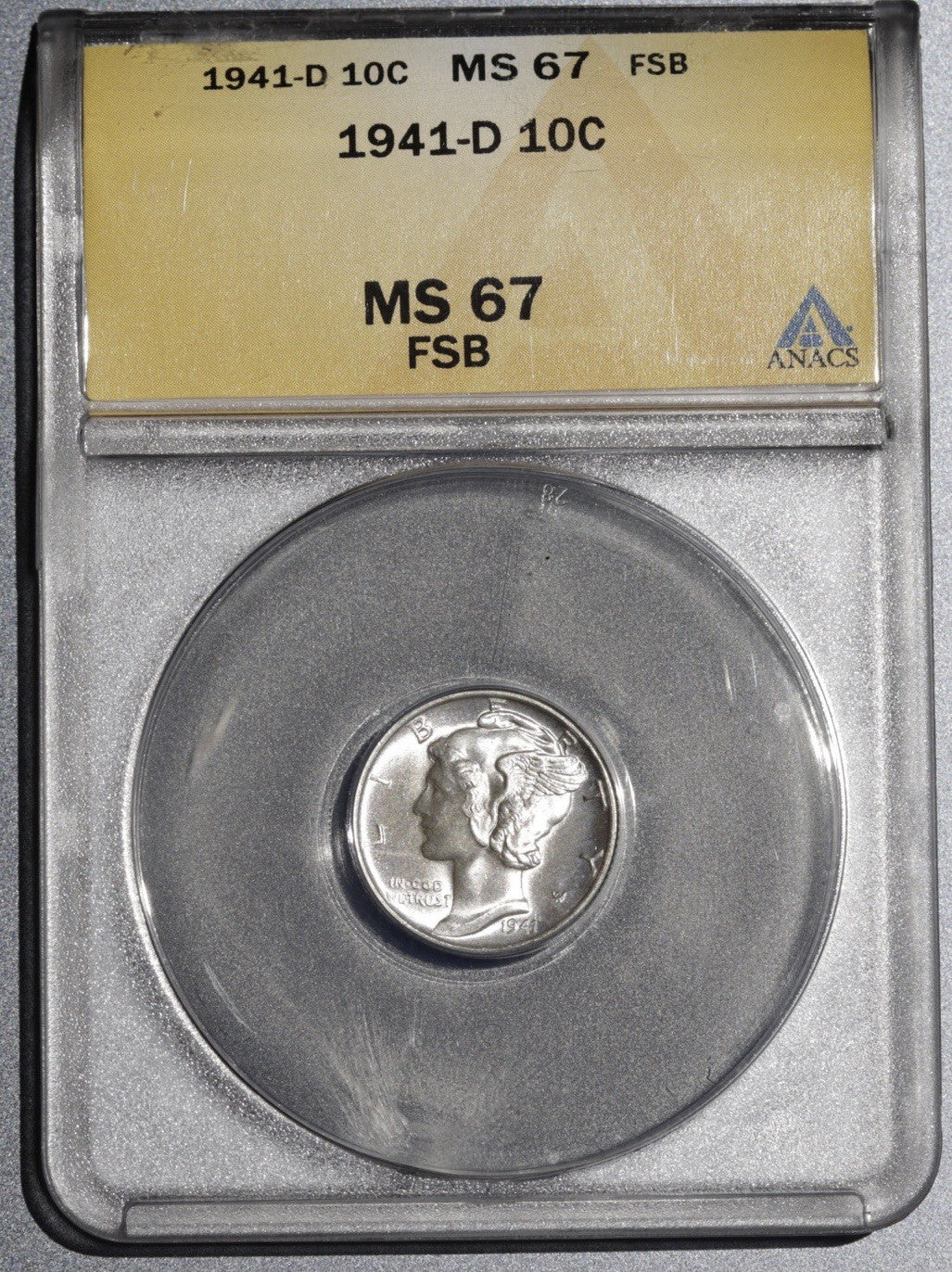 1941-D Mercury Dime ANACS MS 67 FSB • Full Split Bands • Lustrous Gem