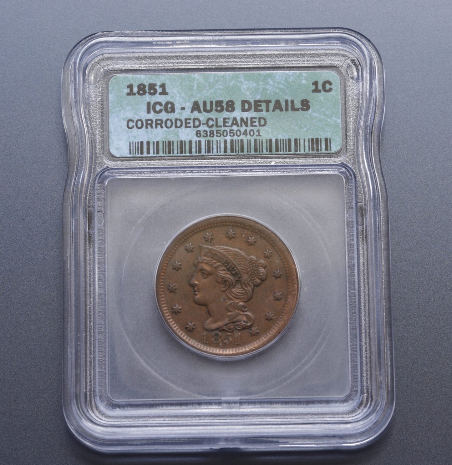1851 Large Cent Liberty Head ICG AU58 Details Corroded Cleaned Copper Coin
