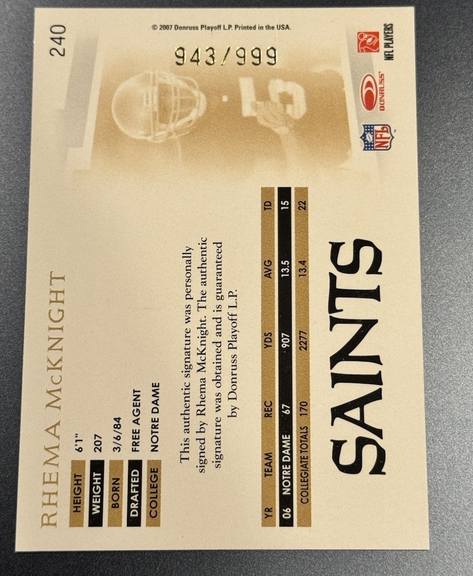 2007 Donruss Threads RHEMA McKNIGHT Rookie Auto /999 • Notre Dame WR • Saints