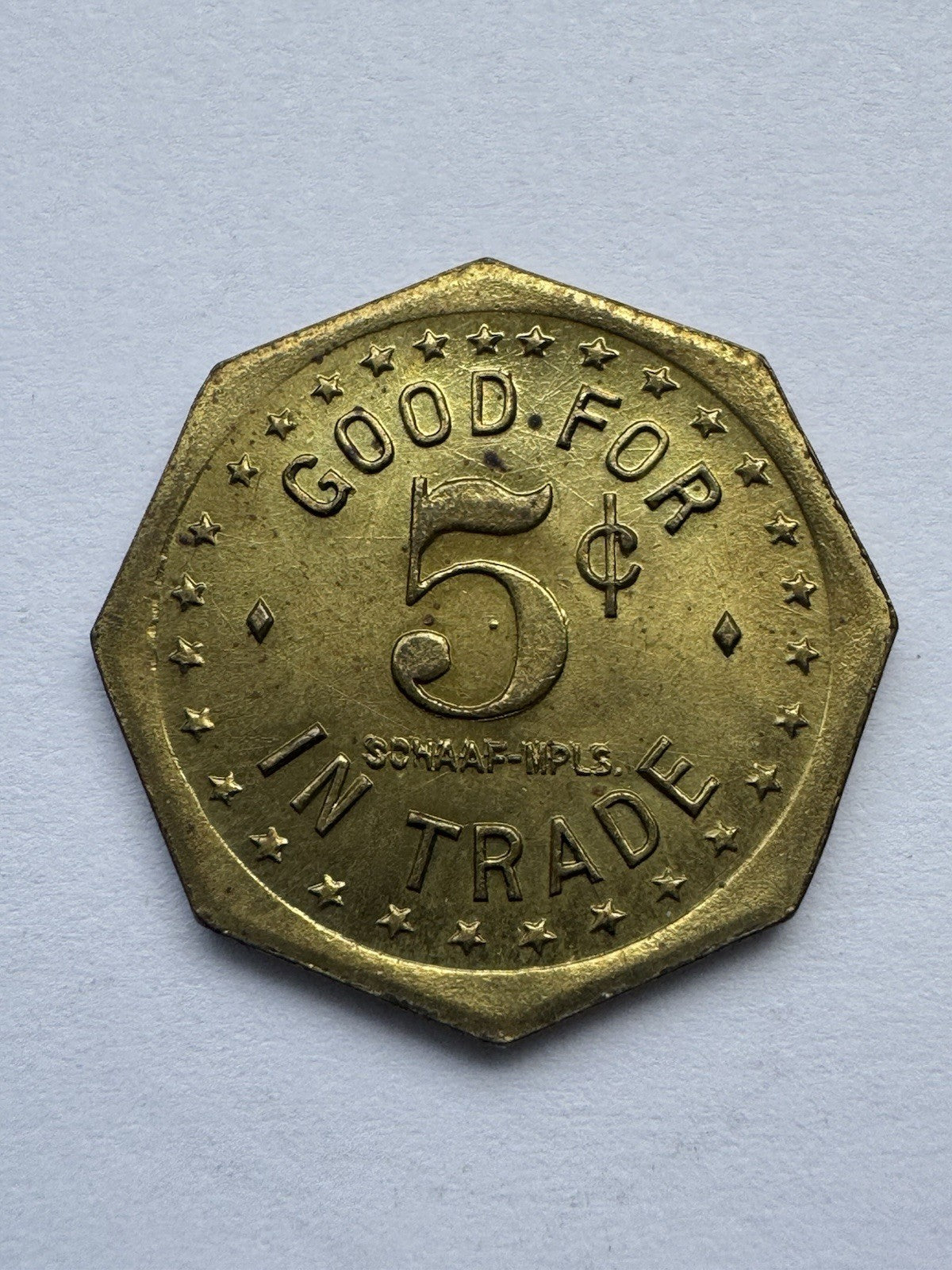 Lakeside Inn Howard Lake MN 5¢ Decagon Trade Token VF-XF Brass Vintage Bar Coin