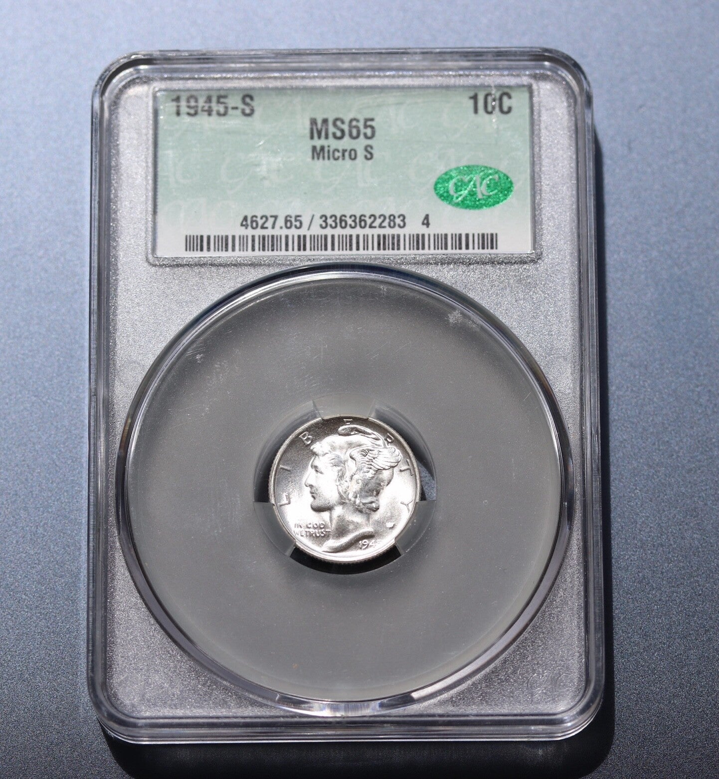 1945-S Mercury Dime Micro S 10C CAC MS65 Gem WWII San Fran