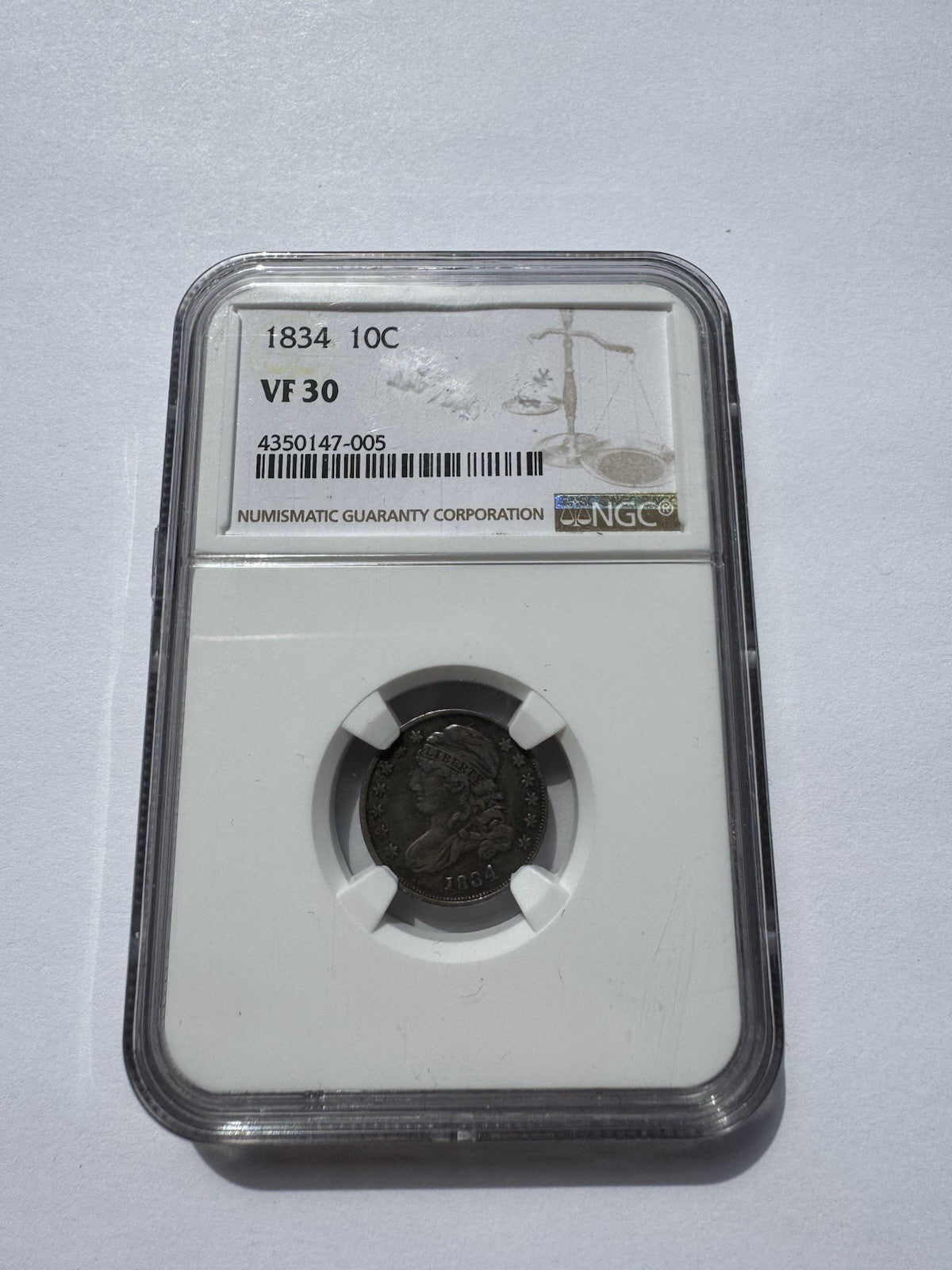 1834 Capped Bust Dime NGC VF30, Historic Early U.S. 90% Silver Coin