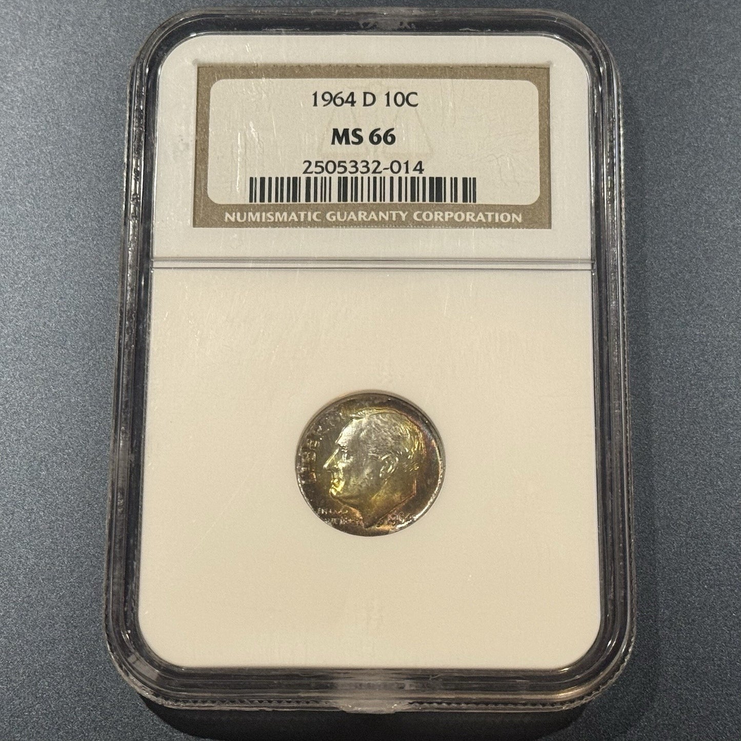 1964-D Roosevelt Dime MS66 NGC • Rainbow Toned • Final Year of 90% Silver