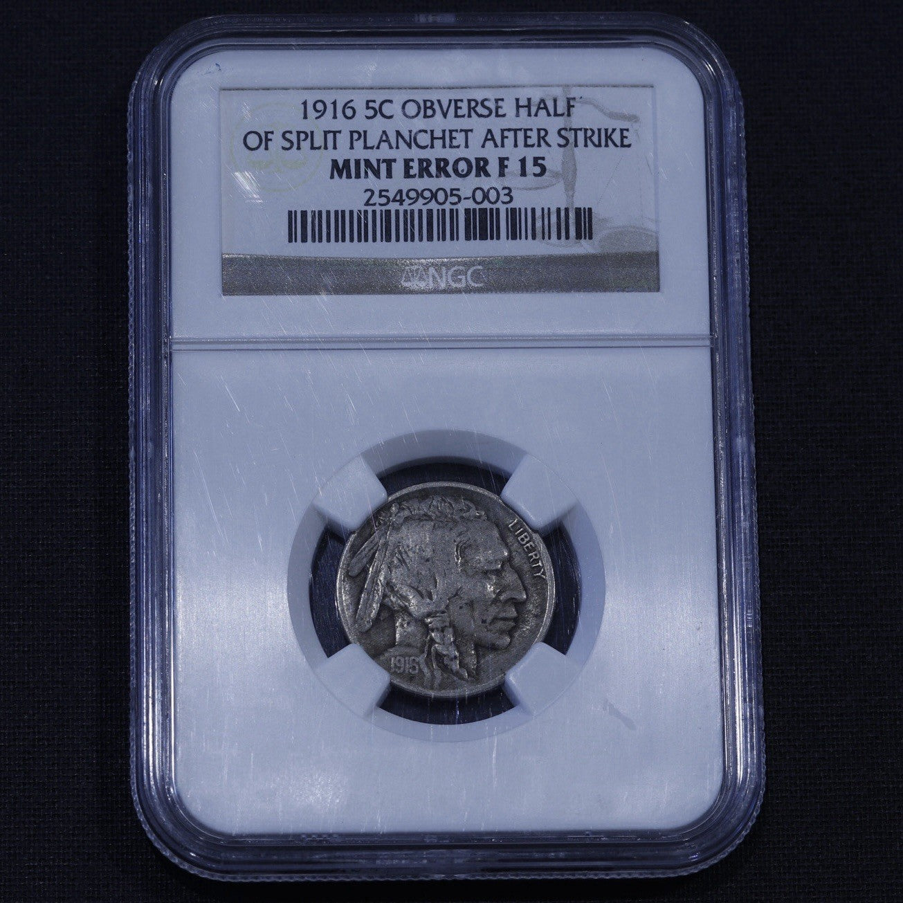 1916 Buffalo Nickel Error • Obv Half Split Planchet • NGC F15 Certified