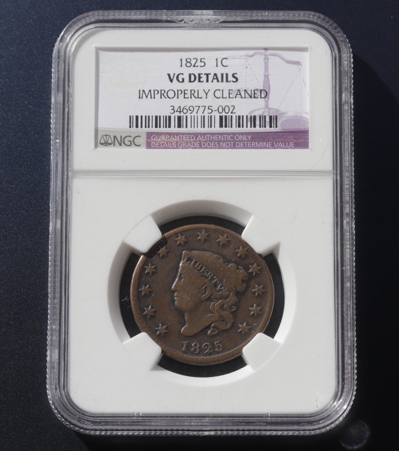 1825 Coronet Head Large Cent NGC VG Details Improperly Cleaned Early Penny Coin