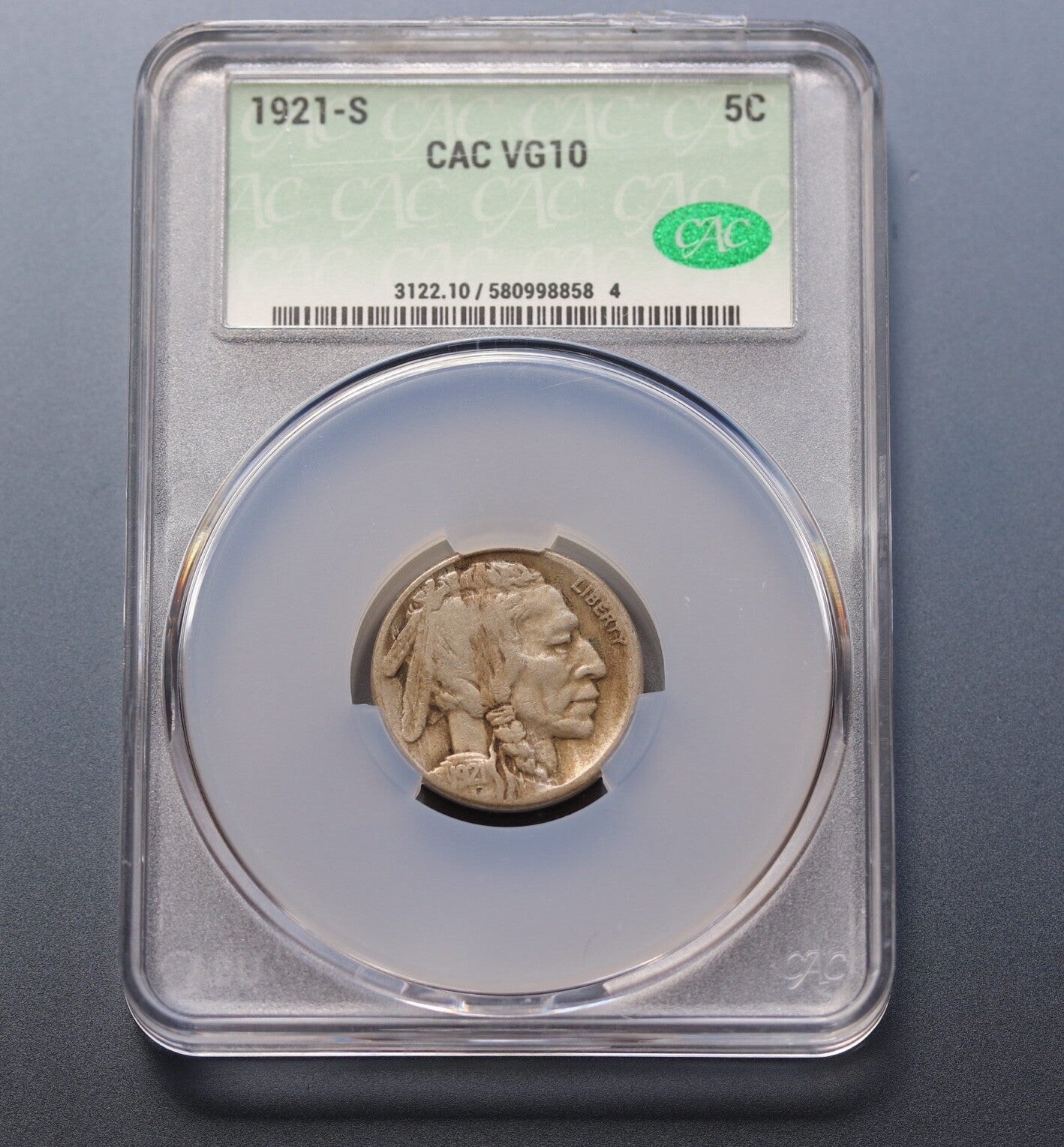 1921-S Buffalo Nickel 5C CAC VG10 Key Date Low Mintage