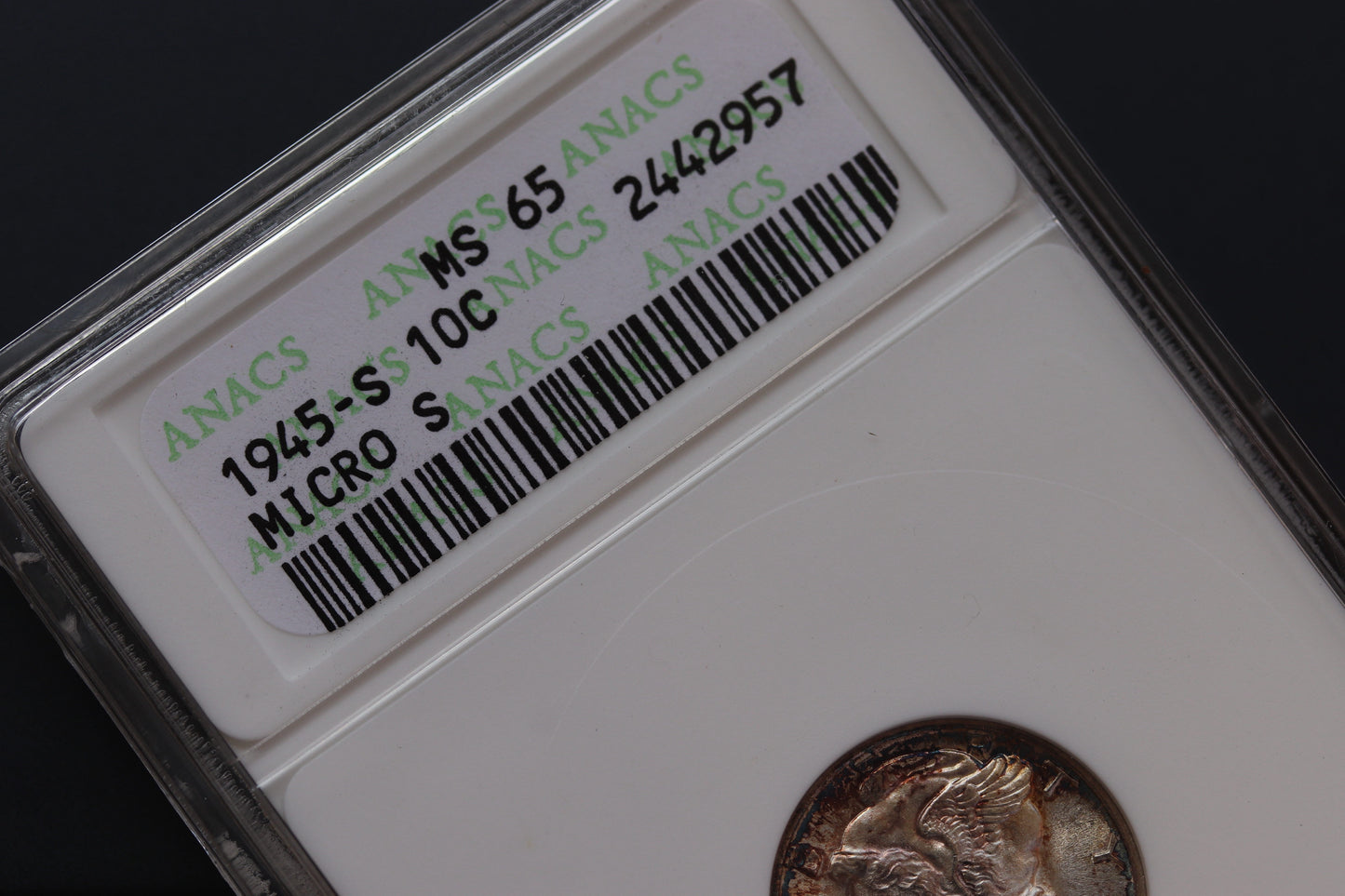 1945‑S Micro S Mercury Dime MS65 ANACS Soapbox Lustrous Toning Key Date
