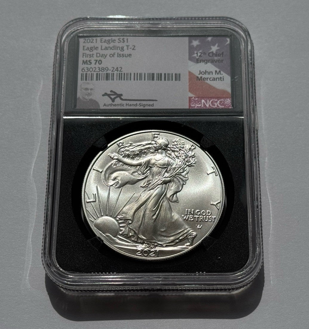 2021 Eagle Coin Landing T-2 John Mercanti Signature First Day Issue NGC MS70