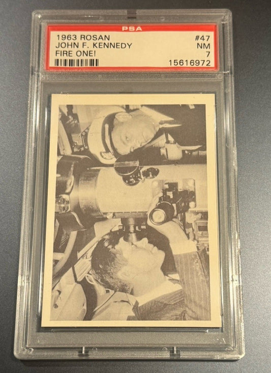 1963 Rosan JFK Card #47 Fire One! • PSA 7 NM • Naval Submarine Periscope Scene