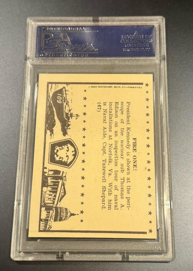1963 Rosan JFK Card #47 Fire One! • PSA 7 NM • Naval Submarine Periscope Scene