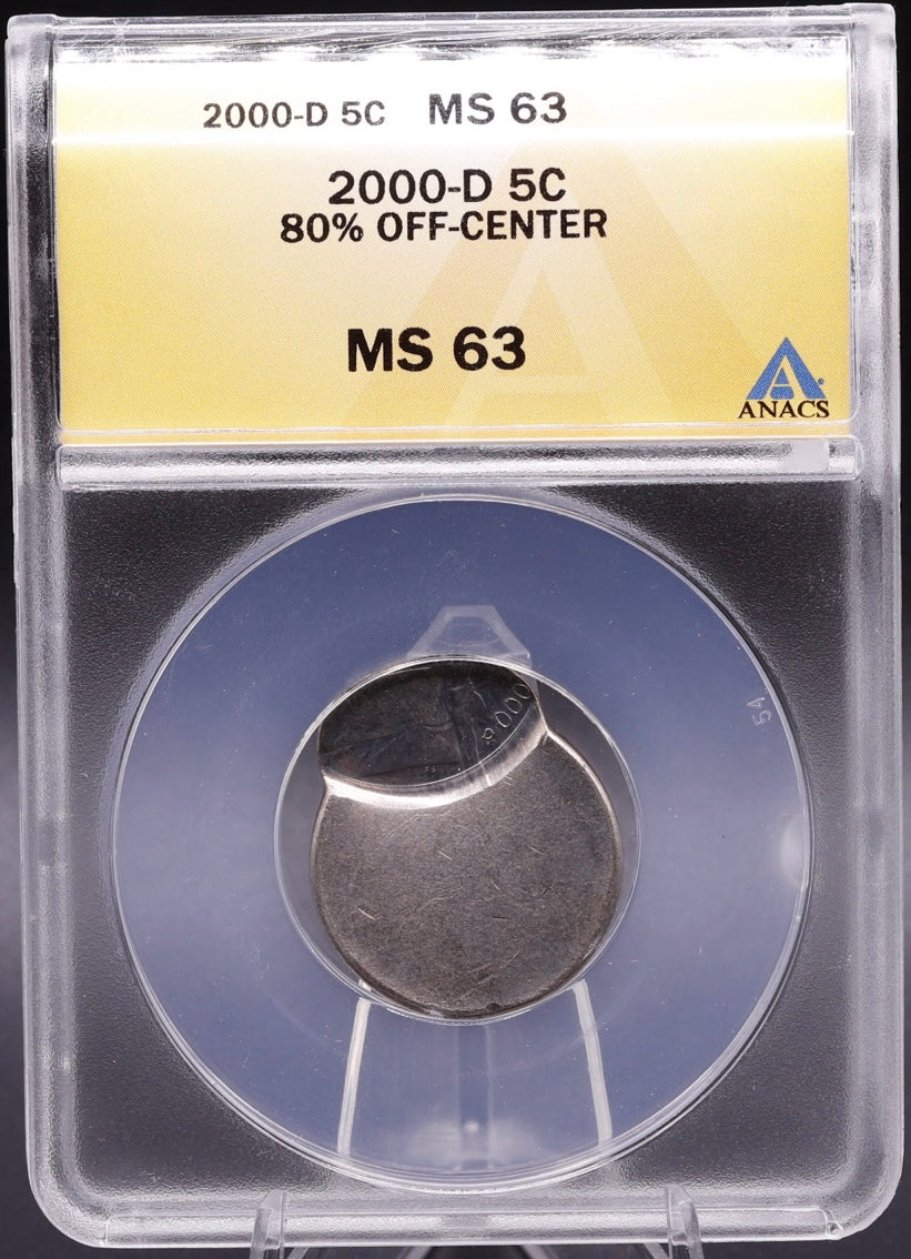 2000-D Jefferson Nickel • 80% Off-Center Strike • ANACS MS63 Mint Error