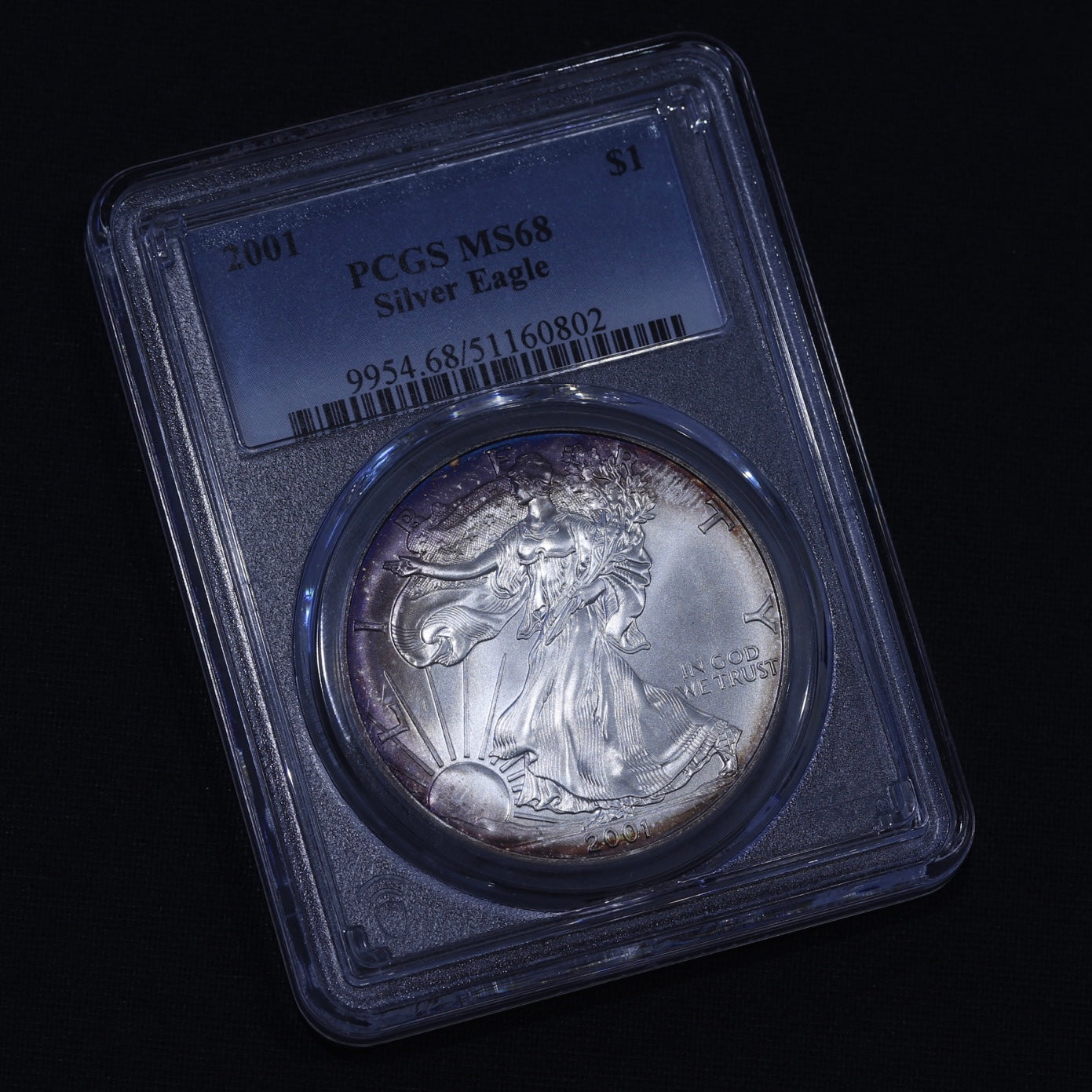 2001 Silver Eagle PCGS MS68 • Purple Rim Toning • Collector Eye Appeal