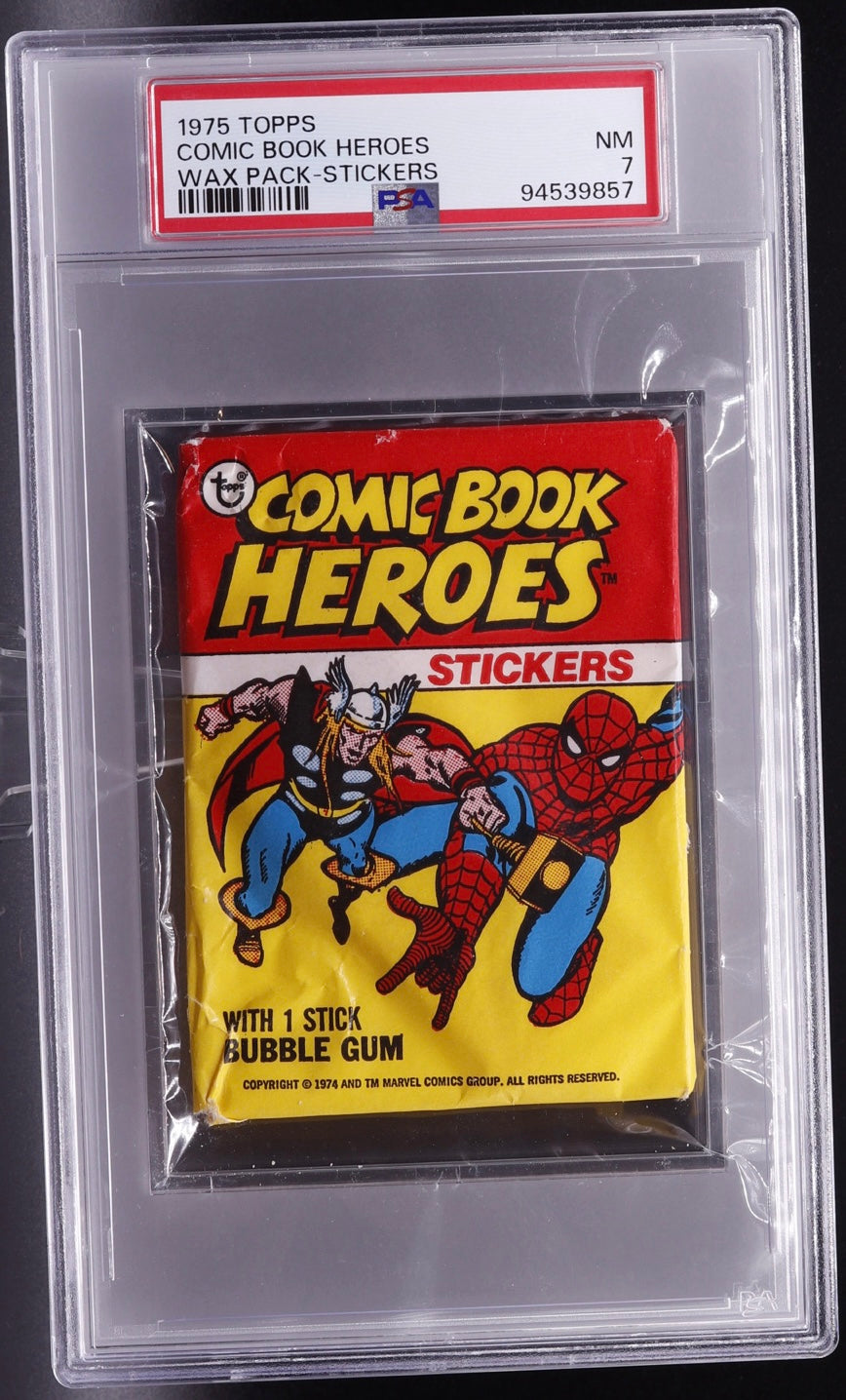 1975 Topps Comic Book Heroes Stickers Wax Pack PSA 7 NM Sealed Spider-Man Marve