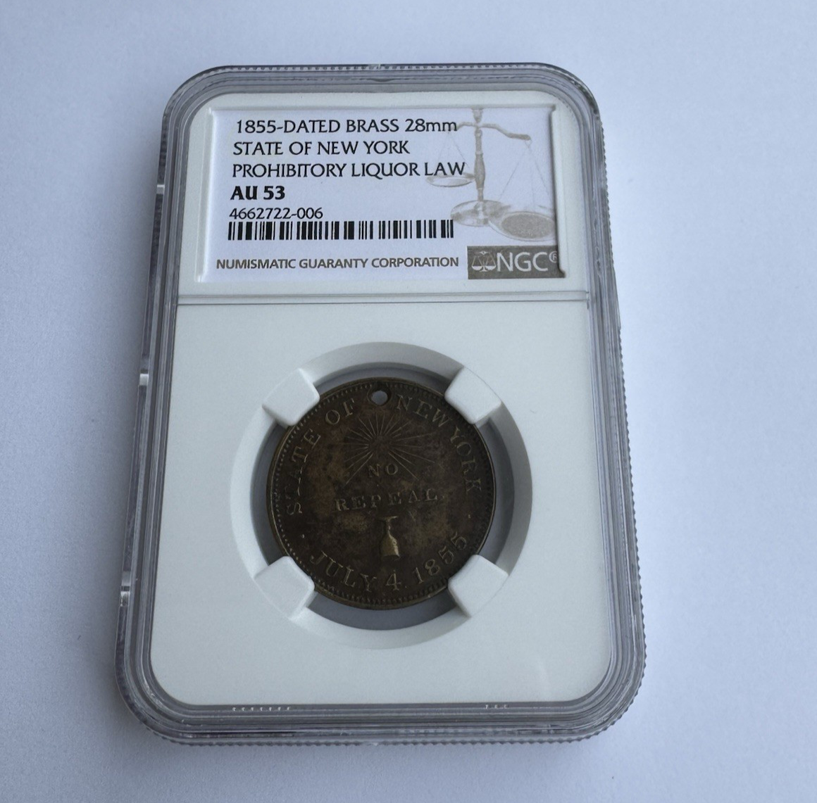 1855 New York Prohibition Token NGC AU53 – Rare Pre-Civil War Brass Exonumia