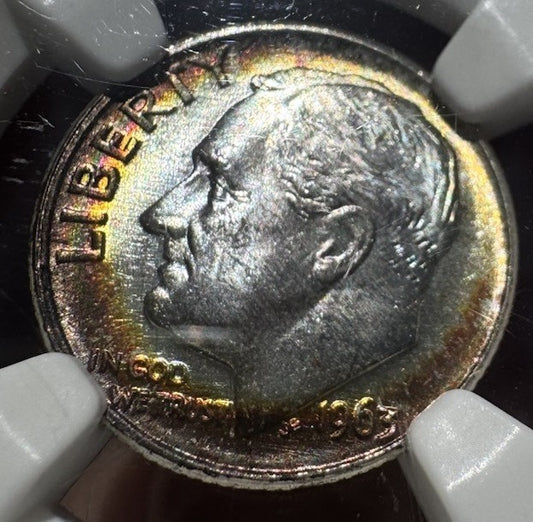 1963-D Roosevelt Dime MS66 NGC • Rims Toned in Fire Red & Golden Hues • Gem BU