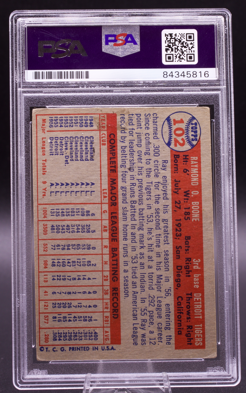 1957 Topps Ray Boone #102 PSA Authentic Auto Signed Detroit Tigers Vintage