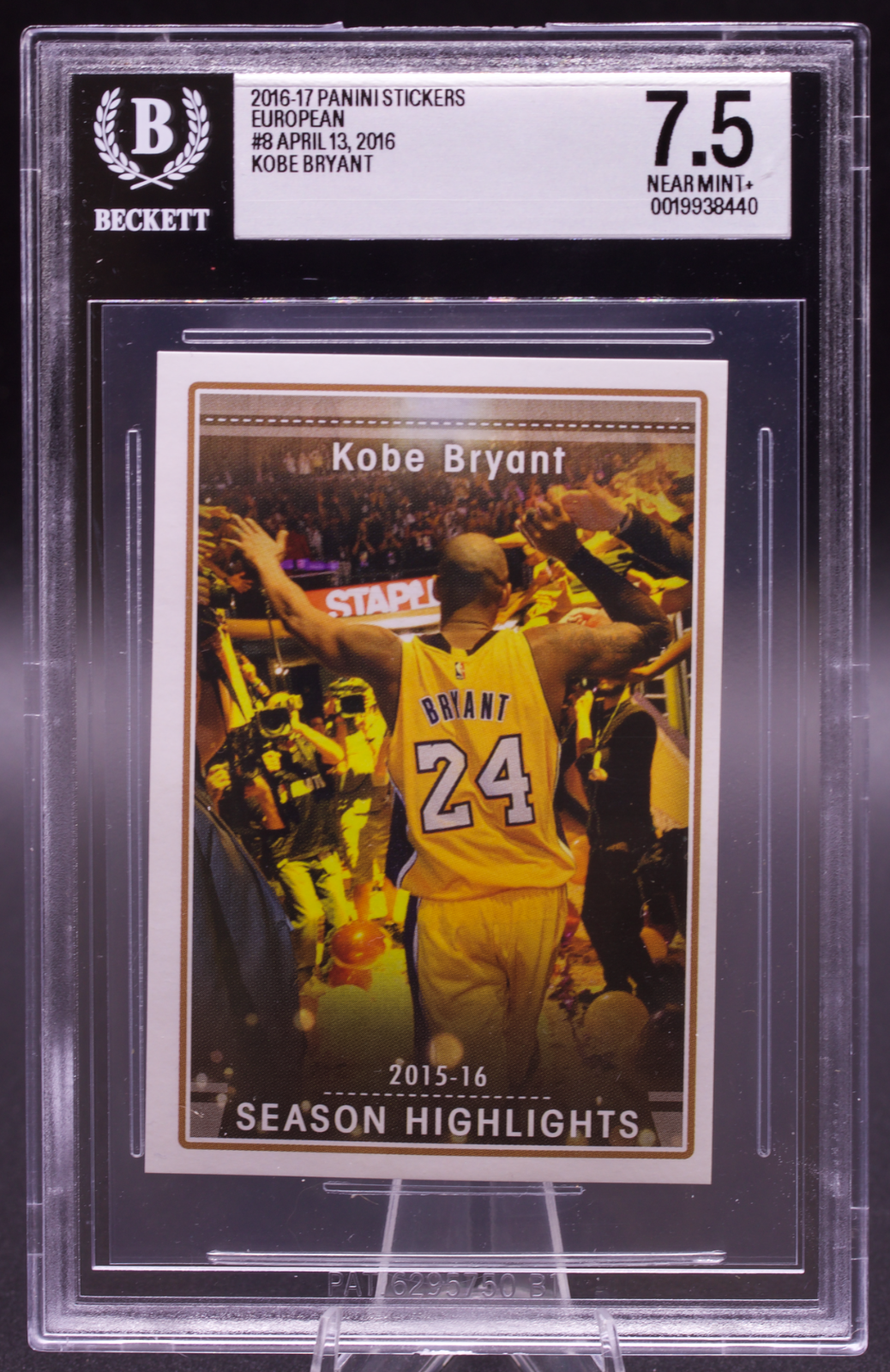 2016-17 Panini European Sticker Kobe Bryant #8 New BGS Holder 7.5 NM+ Lakers