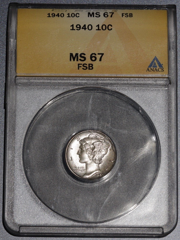 1940 “P” Mercury Dime ANACS MS 67 FSB • Full Split Bands • Brilliant Gem