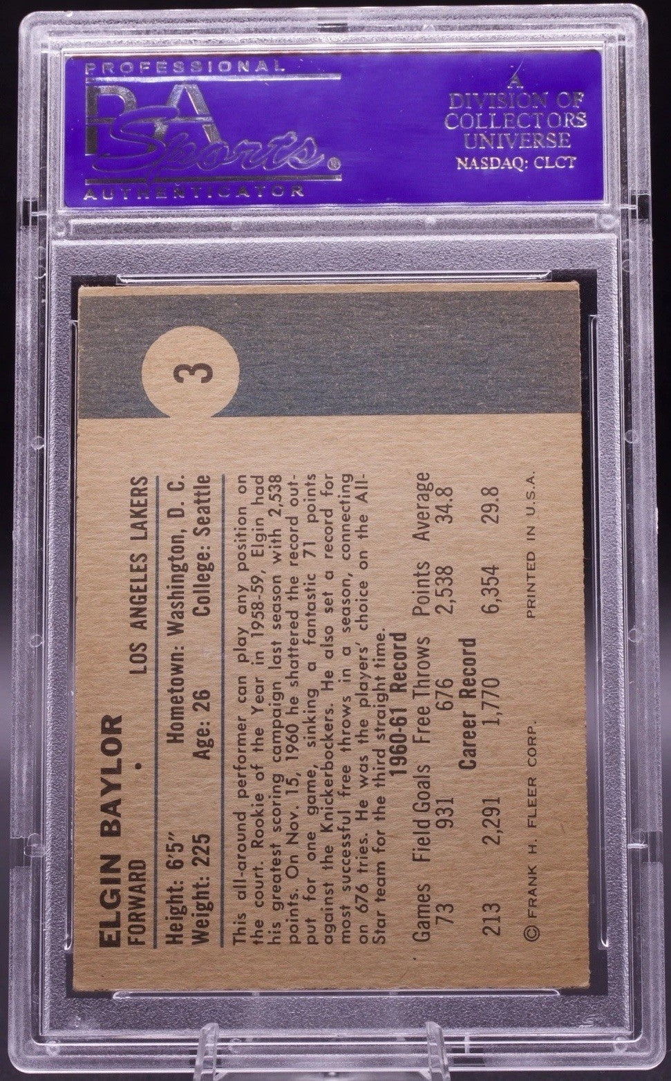 1961 Fleer #3 Elgin Baylor Lakers HOF RC PSA 6 EX-MT (OC) Vintage Basketball