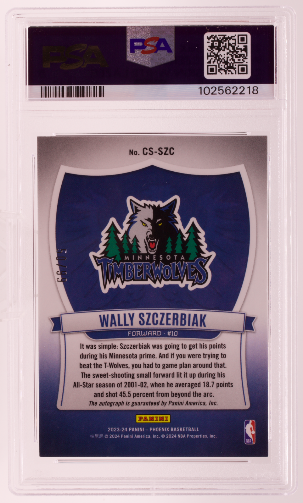 2023-24 Phoenix Wally Szczerbiak Crusade Signature White Lazer /99 PSA 8 Wolves