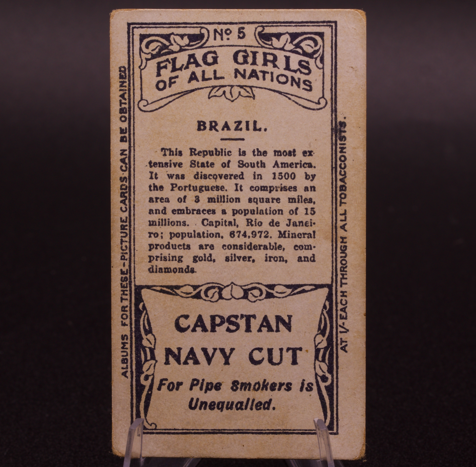1908 Wills Flag Girls of All Nations Brazil No. 5 Capstan Navy Cut Cigarette