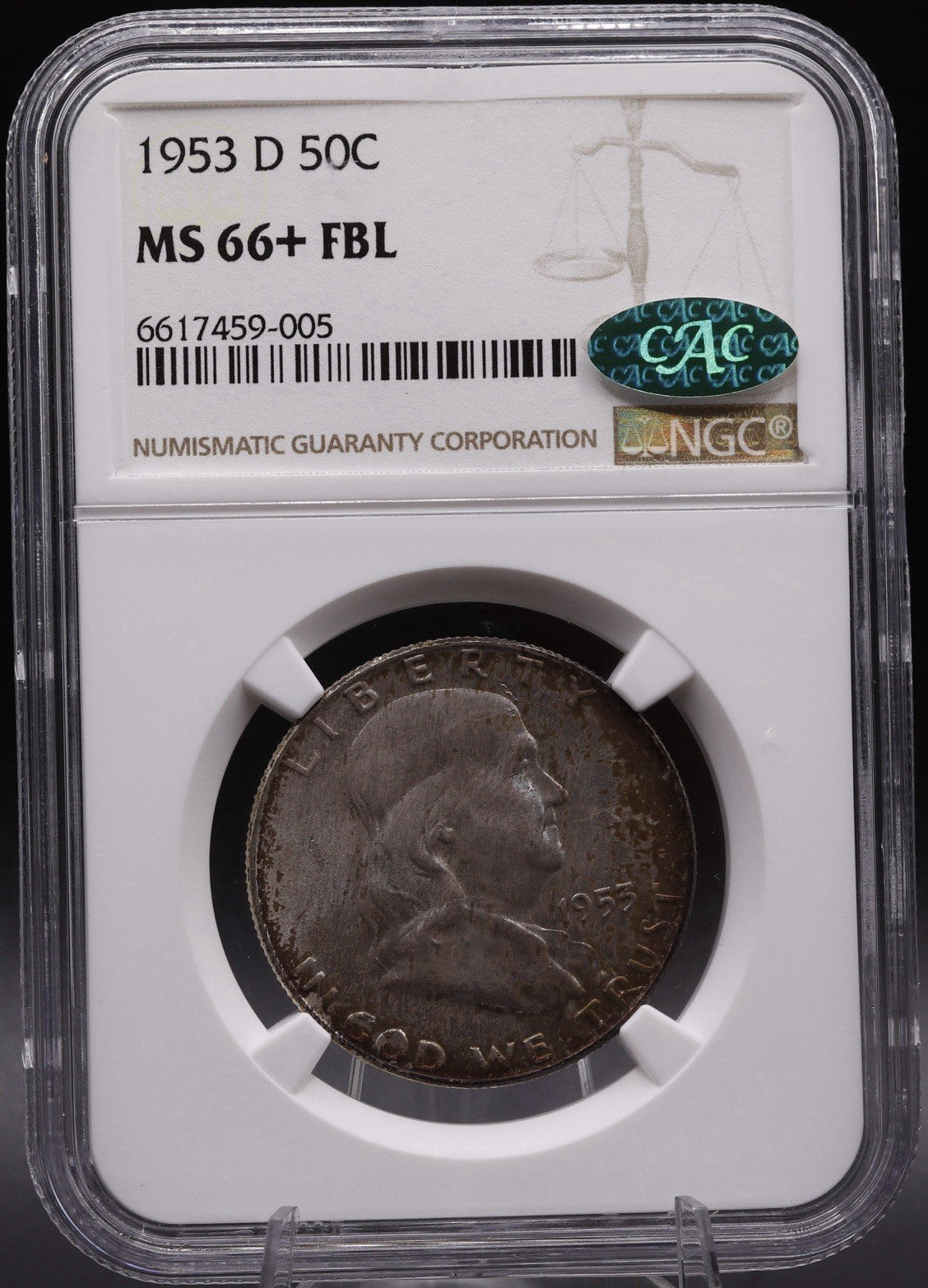 1953-D Franklin Half $ NGC MS66+ FBL CAC • Gem Plus • Toned Registry Coin