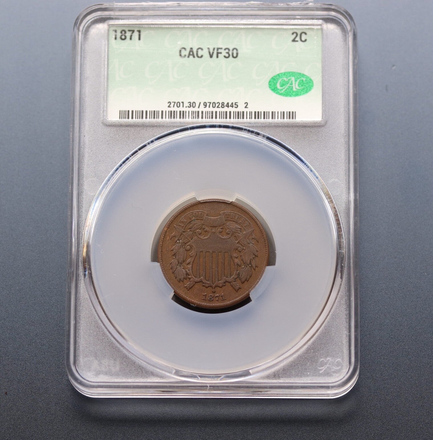 1871 2C Two-Cent Piece CAC VF30 Key Date Low Mintage Copper Coin