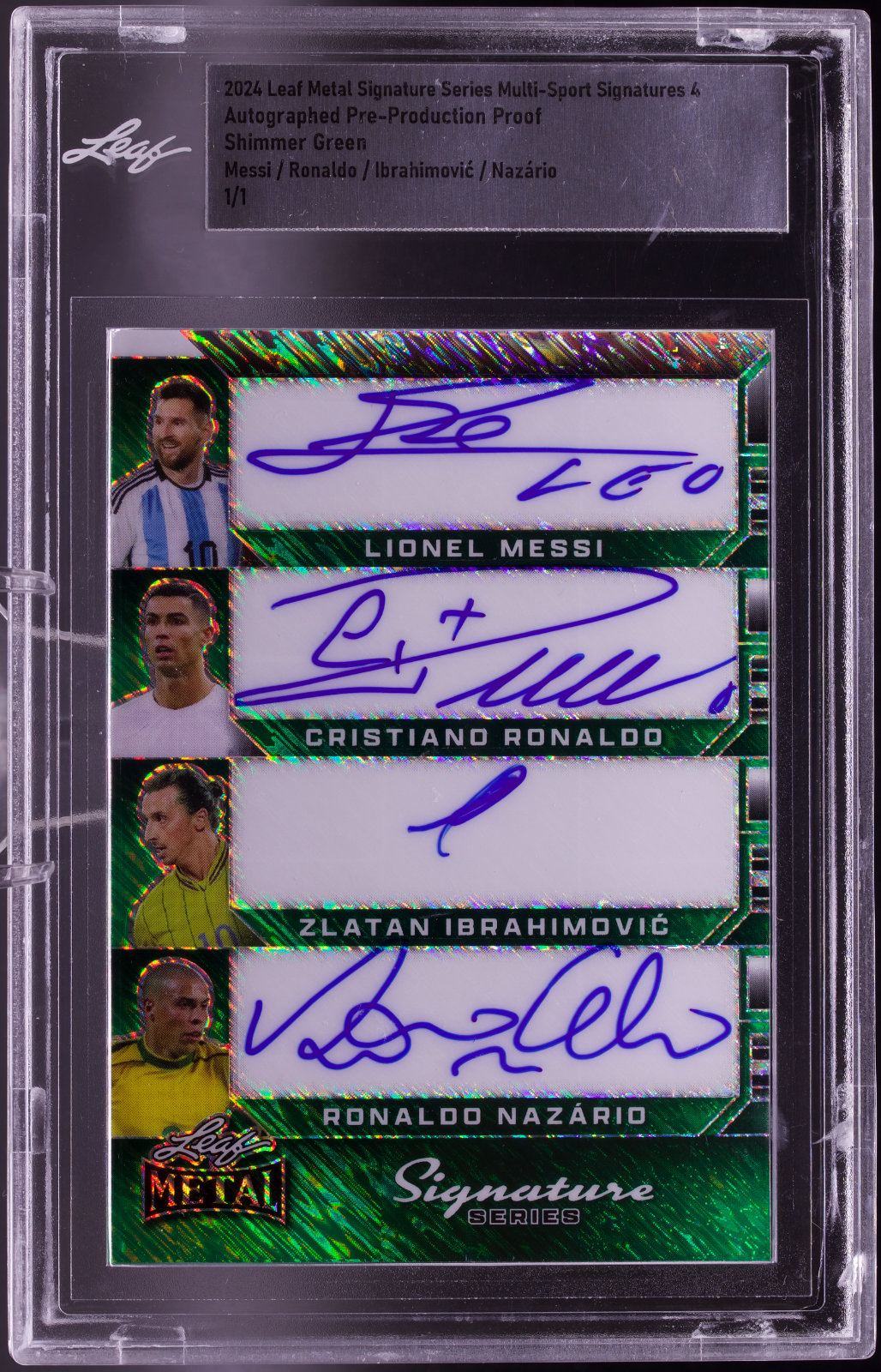2024 Leaf Messi Ronaldo Ibrahimović Nazário Auto 1/1 Multi-Sig Green Shimmer