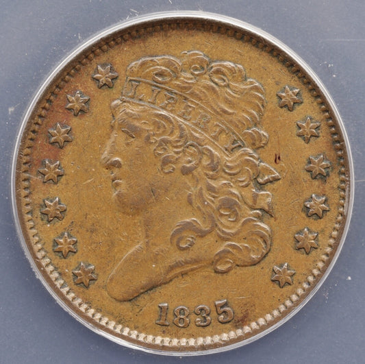 1835 Classic Head Half Cent ANACS AU50 Early Copper 1/2C Coin - Problem Free
