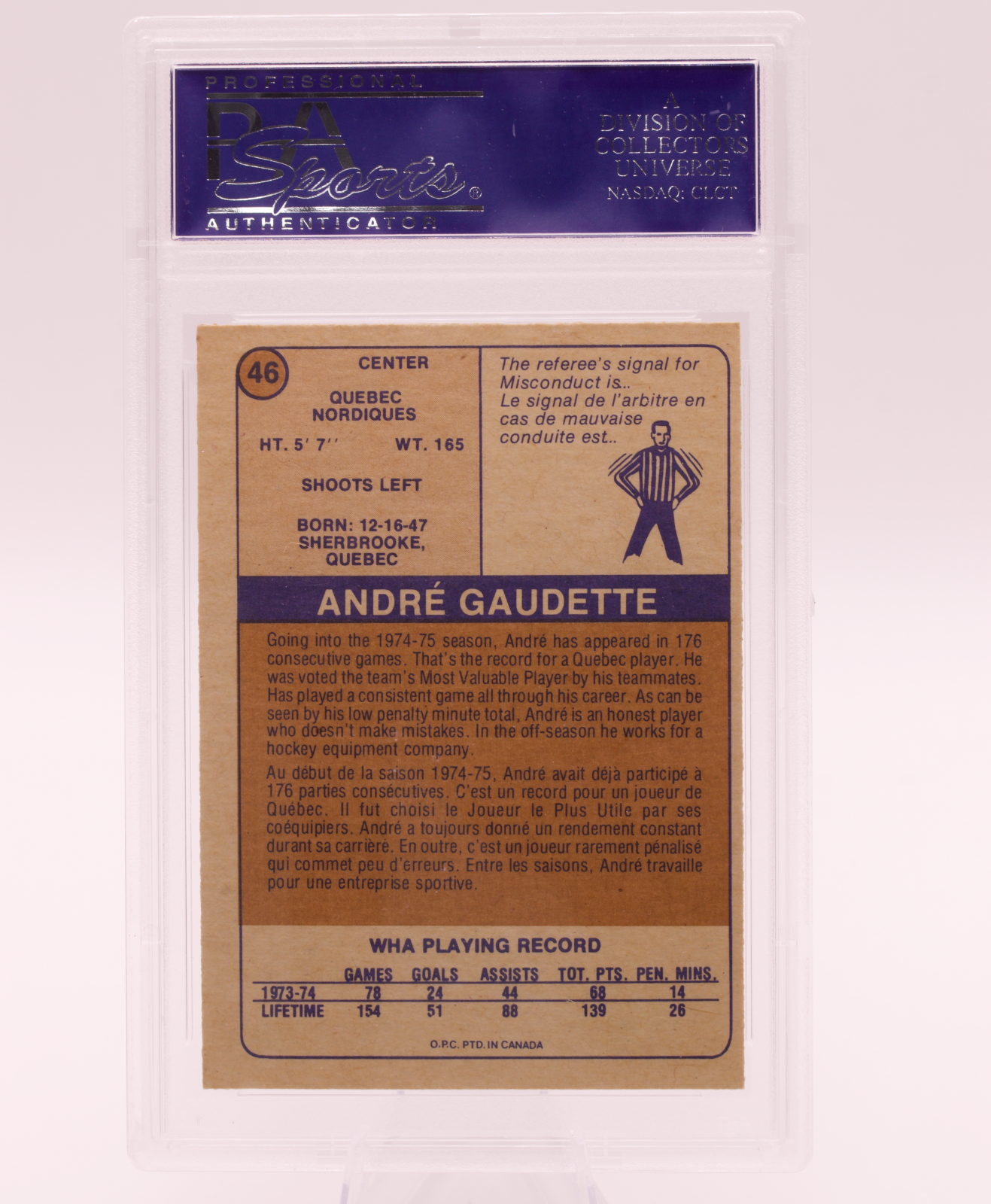 1974 O-Pee-Chee WHA Andre Gaudette #46 PSA 8 NM-MT Quebec Nordiques Vintage OPC
