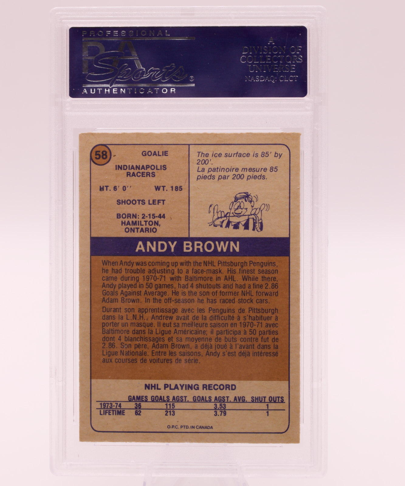 1974 O-Pee-Chee WHA Andy Brown #58 PSA 9 (OC) MINT Indianapolis Racers Goalie OP