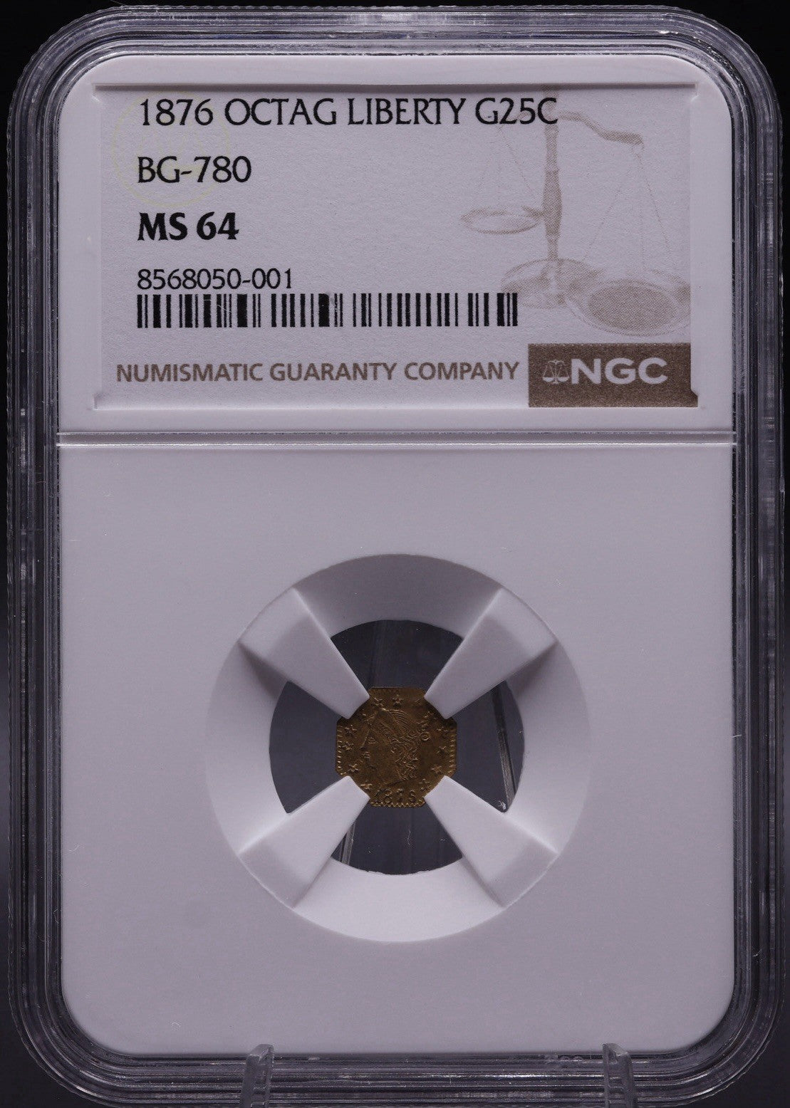 1876 Octagonal Gold Quarter Dollar BG-780 NGC MS64 Octagonal Liberty Cali Gold