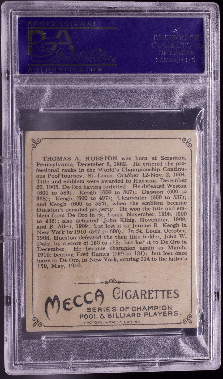 1910 T218 Mecca Cigarettes Thomas Hueston Billiards - PSA 5 EX