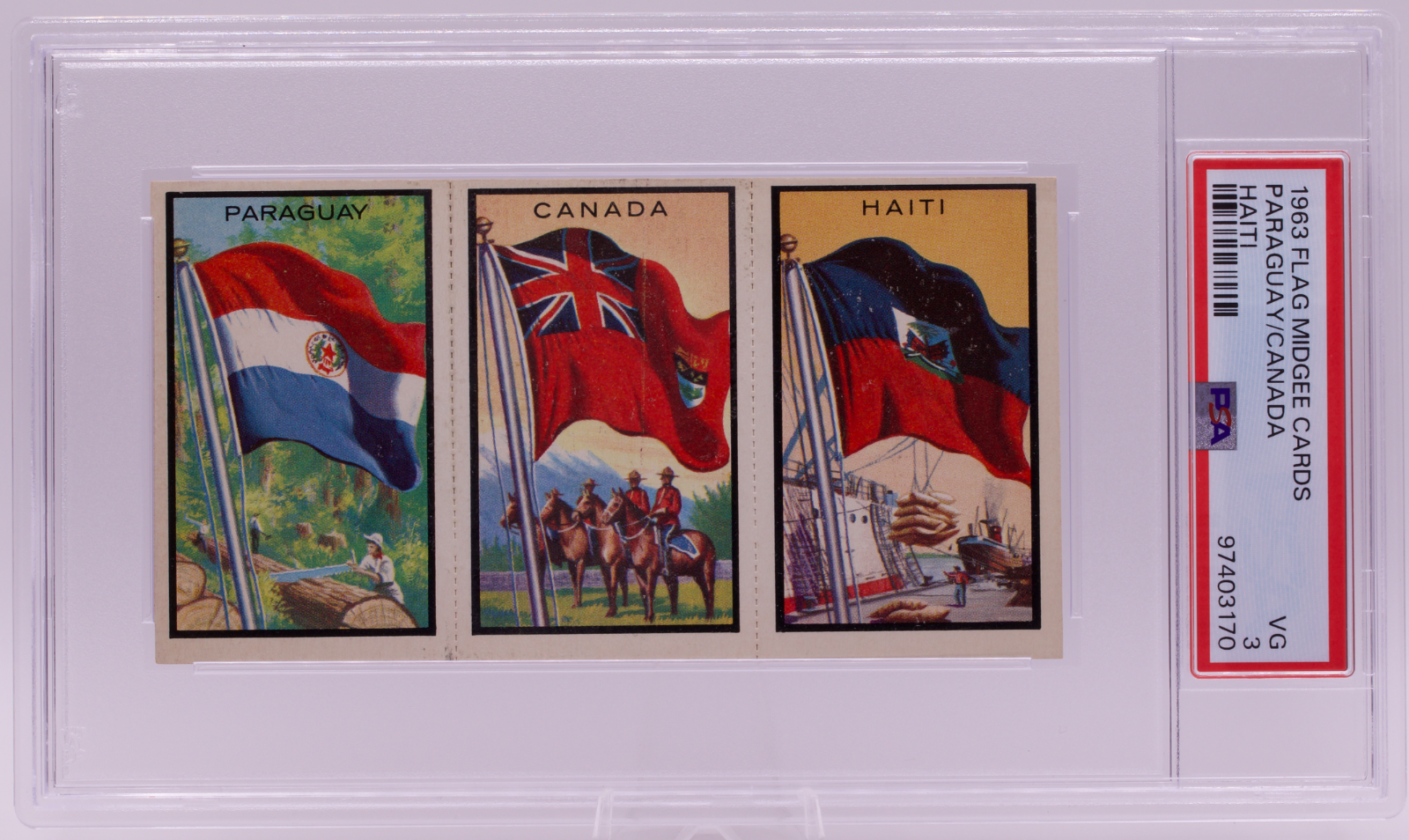 1963 Flag Midgee Cards Paraguay Canada Haiti PSA VG 3 Uncut Strip
