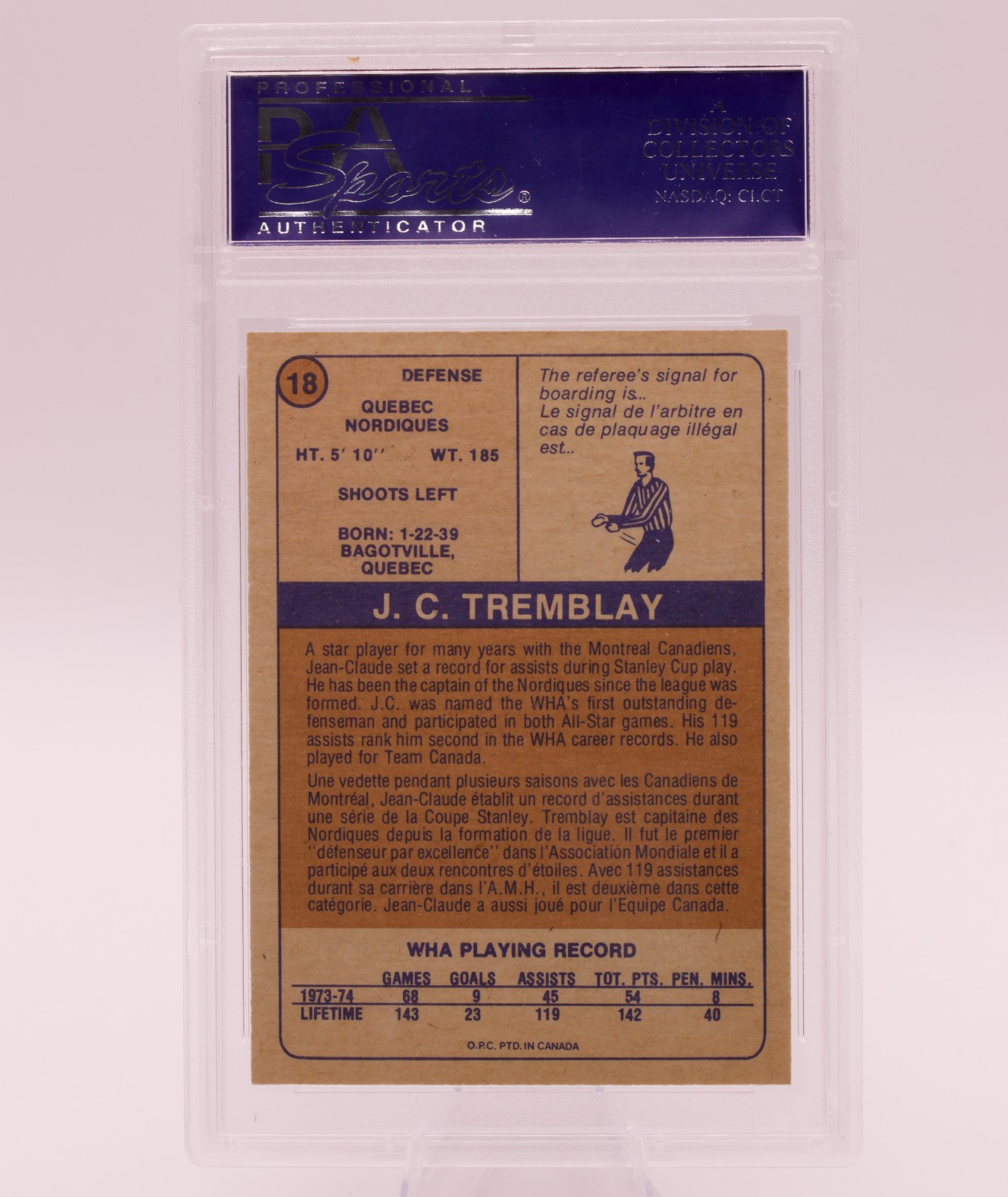 1974 O-Pee-Chee WHA #18 J.C. Tremblay PSA 8 NM-MT Quebec Nordiques