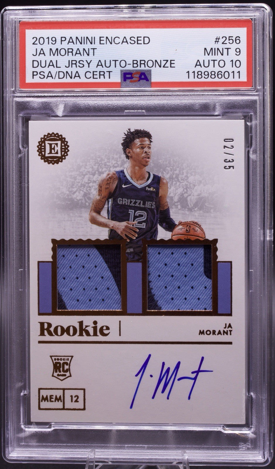 2019-20 Panini Encased Ja Morant Dual Jersey Rookie Autograph Bronze /35 PSA 9