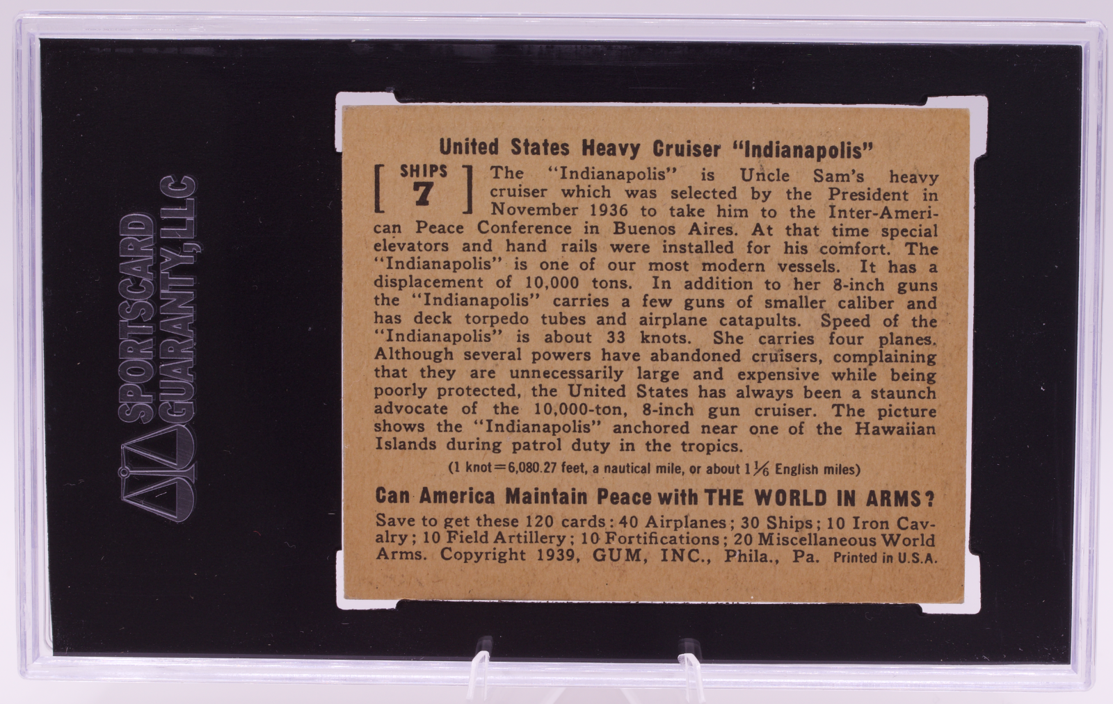 1939 Gum Inc World In Arms #7 US Heavy Cruiser USS Indianapolis SGC 5.5 EX+ WW2