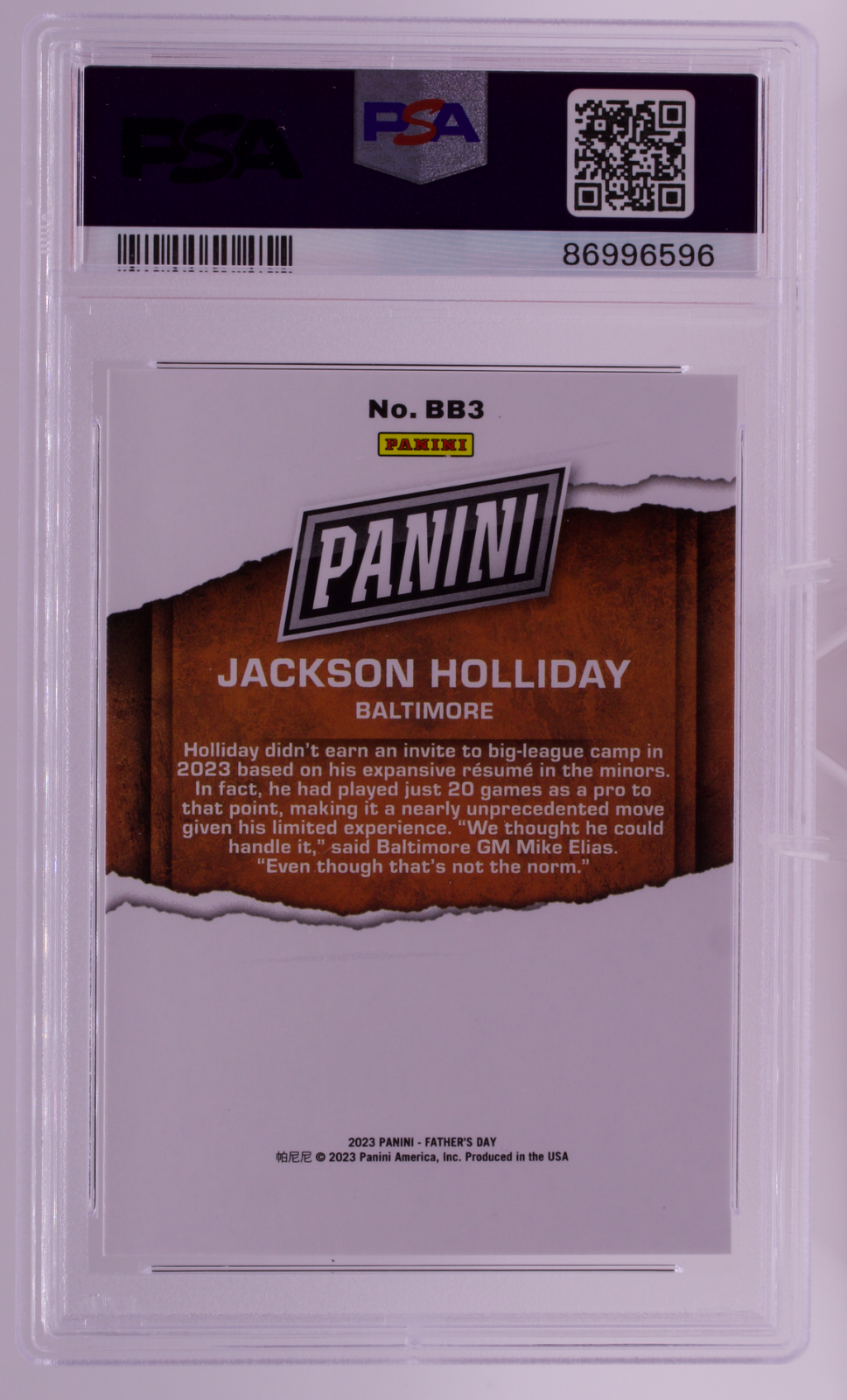 2023 Panini Father's Day Jackson Holliday #BB3 PSA 10 GEM MINT
