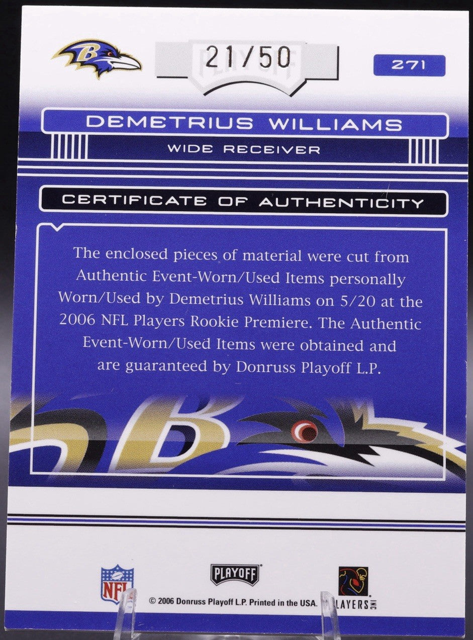 2006 Absolute Spectrum Demetrius Williams Auto Patch Ball RC /50 Ravens RPA