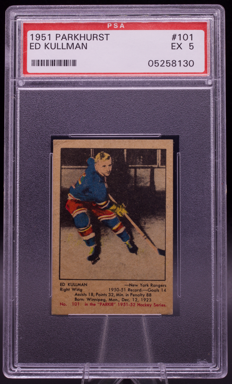 1951 Parkhurst Ed Kullman #101 PSA 5 EX Vintage New York Rangers Blank Back