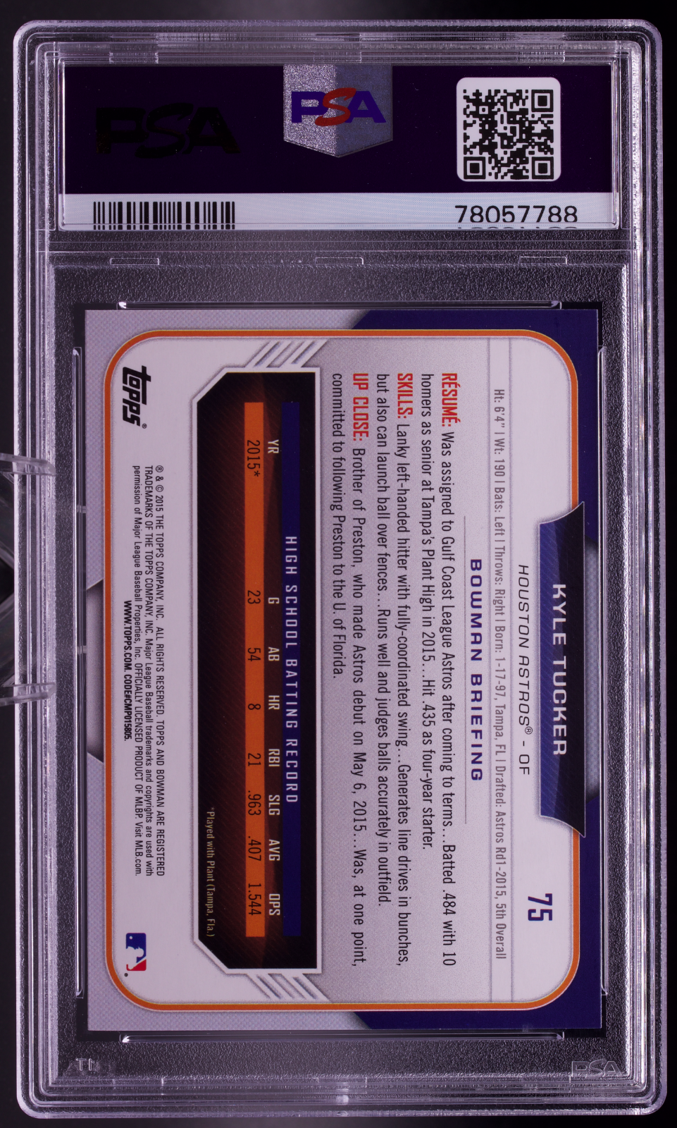 2015 Bowman Draft Kyle Tucker 1st Bowman PSA 10 GEM MT Astros Rookie #75
